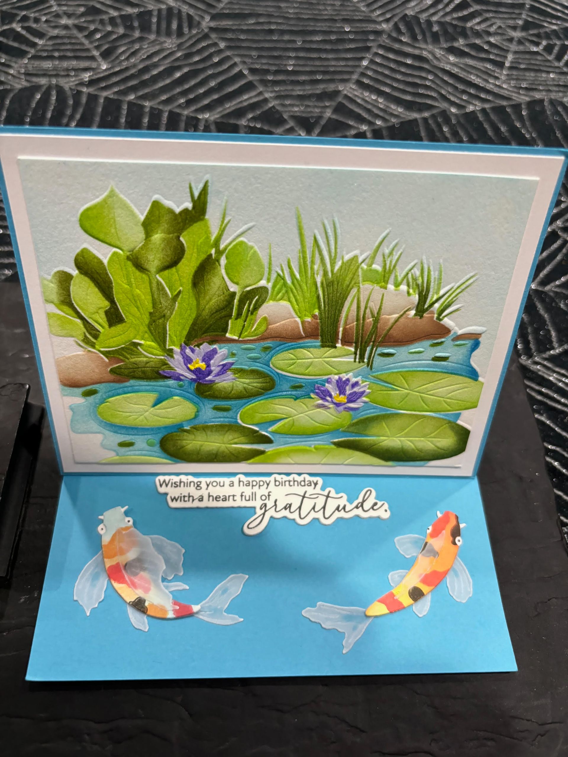 Birthday card, koi and lily pond. Personalized, handmade card by Color by Nappy.