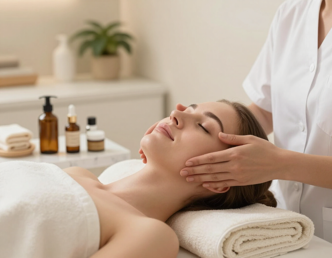 Terapeuta de spa dando un masaje facial a una clienta que se relaja en una camilla de tratamiento.