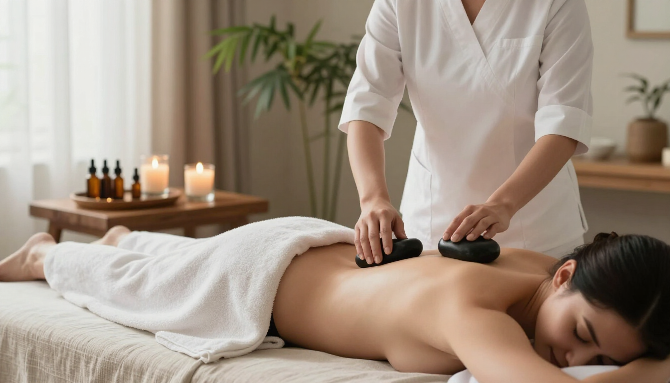 Masajista utilizando piedras calientes sobre un cliente tumbado en una camilla de spa.