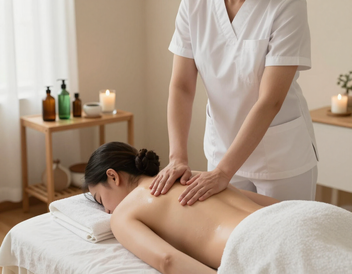 Masajista dando un masaje de espalda en una sala de spa.