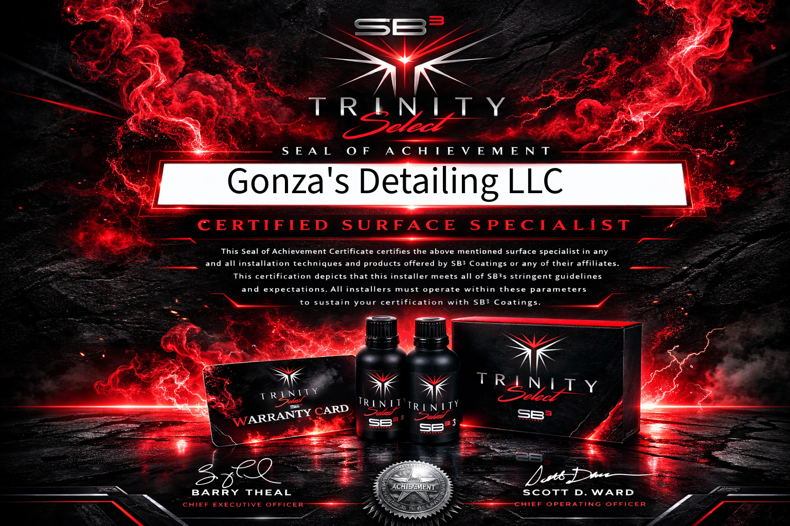 Gonza's Detailing SB3 trinity coatings certificate