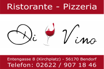 Ein rot-weißes Schild für Ristorante Pizzeria di Vino