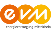 An orange and yellow logo for evm energieversorgung mittelrhein