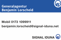 Eine blau-weiße Visitenkarte für die Generalagentur Benjamin Lorscheid