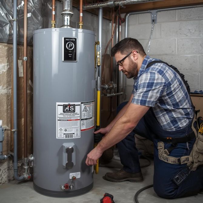 HVAC tech installing a gas water heater tank.