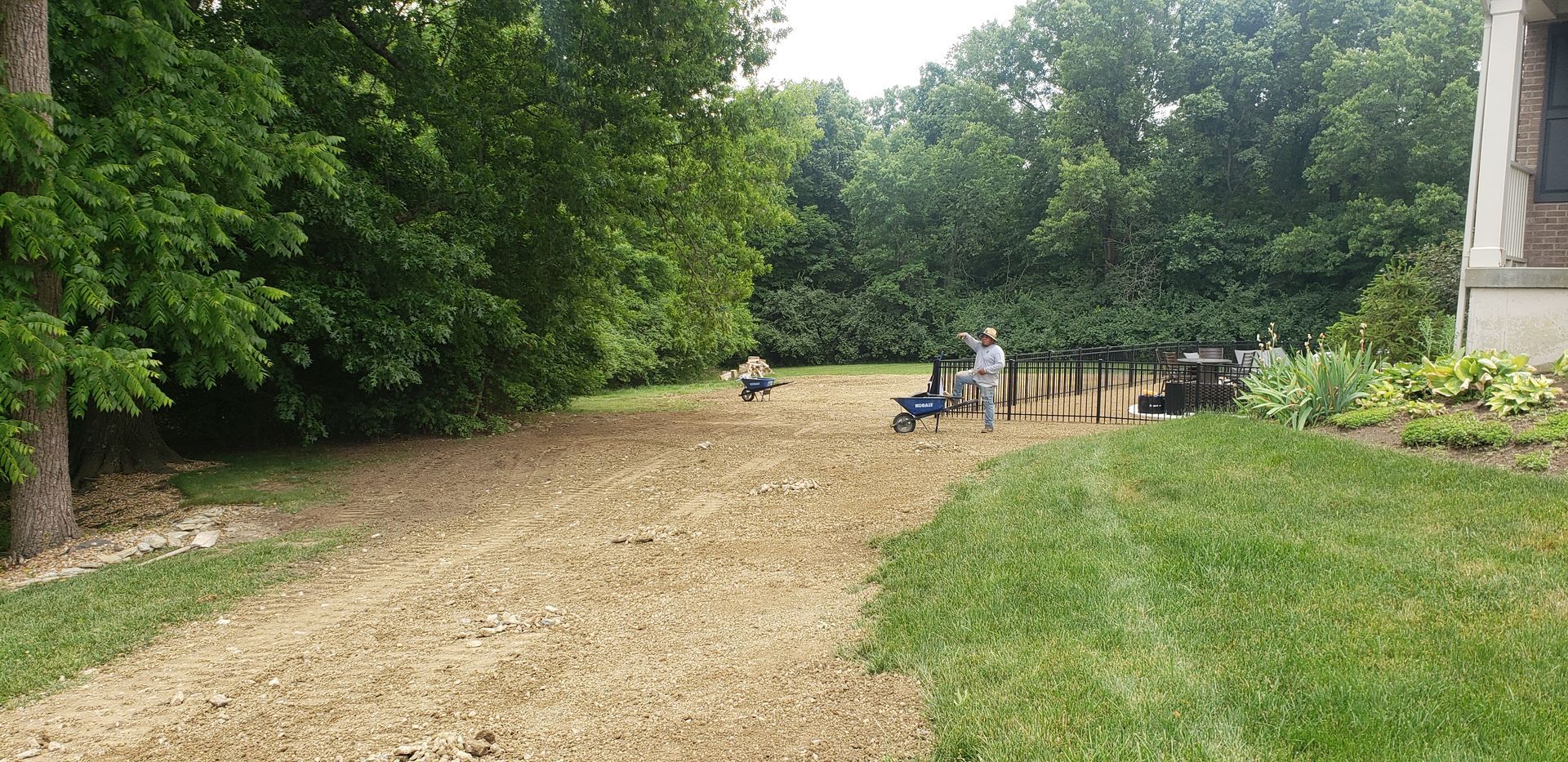 A dirt road leading to a house surrounded by trees and grass.