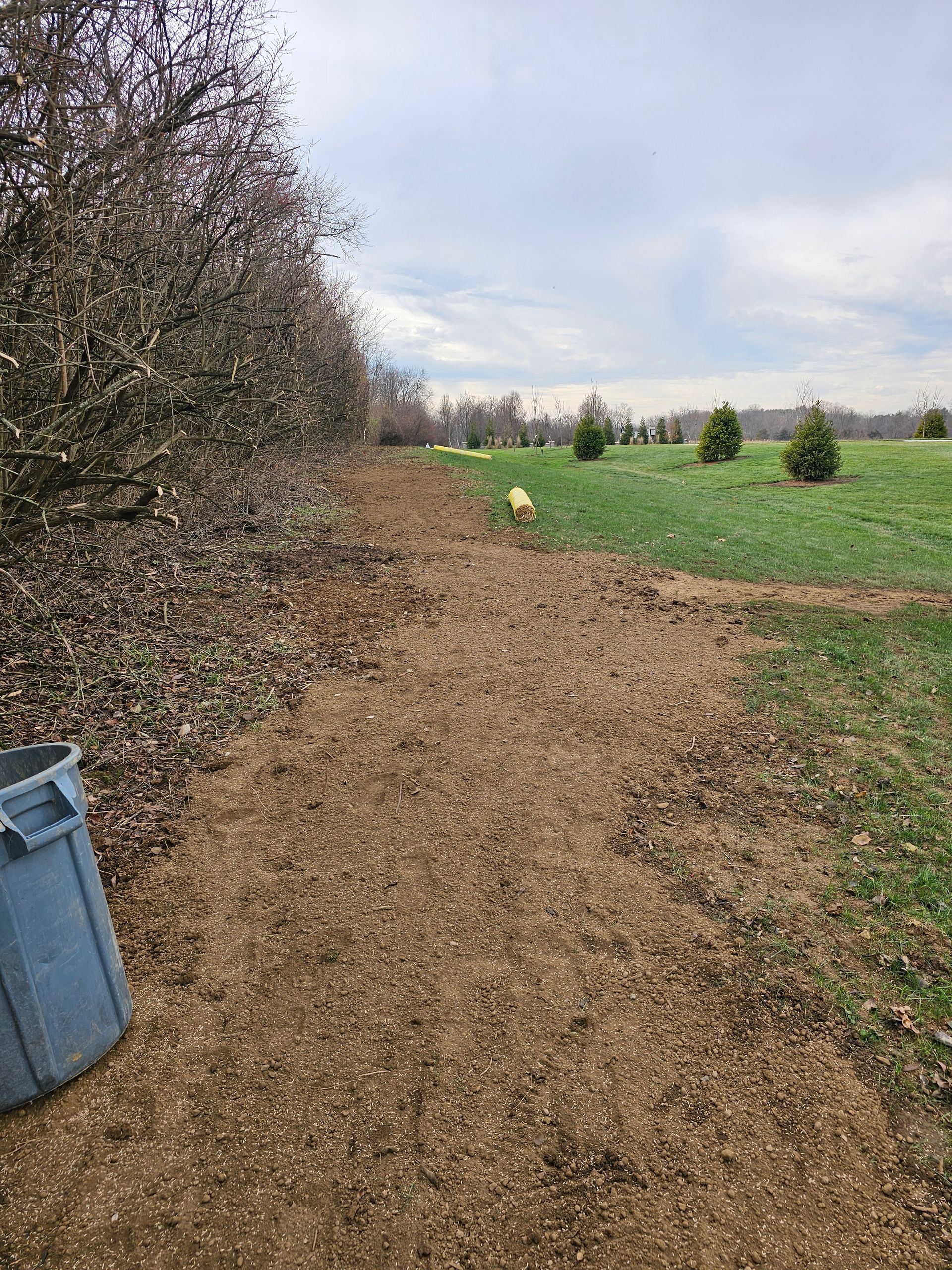 A blue trash can is sitting on the side of a dirt road.