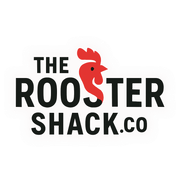 The Rooster Shack logo: Black text and a red rooster head on a white background.