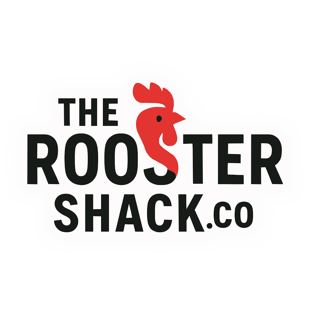 The Rooster Shack logo: Black text and a red rooster head on a white background.