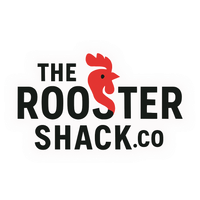 The Rooster Shack logo: Black text with a red rooster head. The website is .co.
