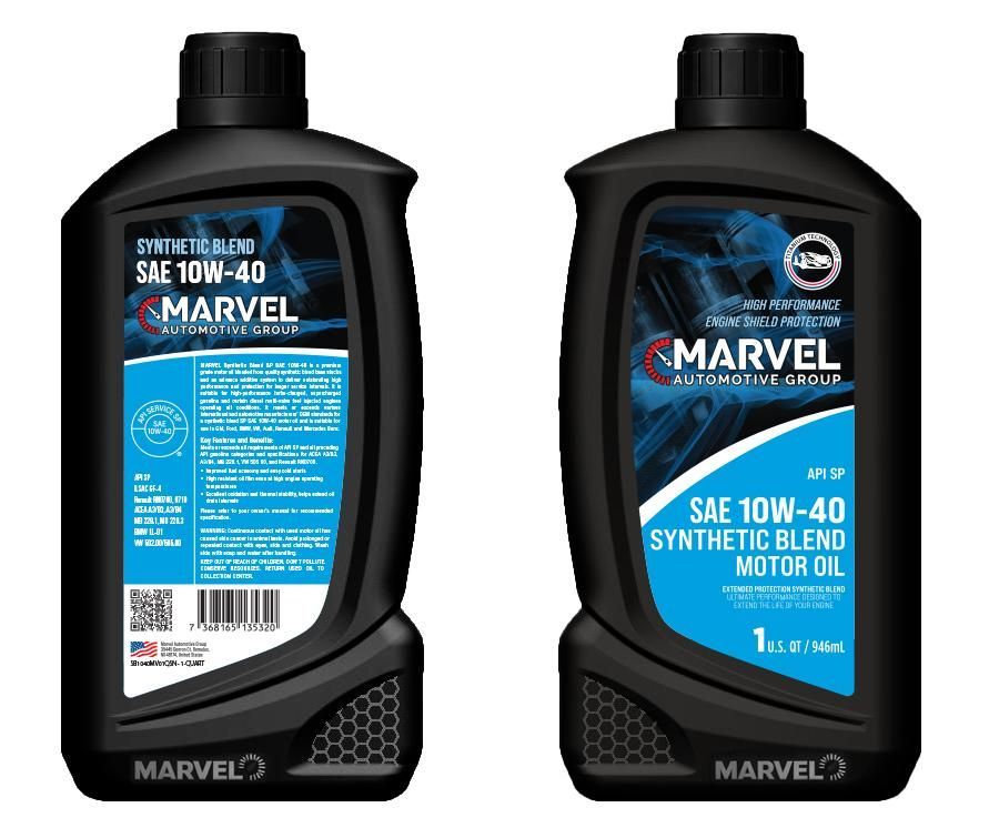 Two black Marvel SAE 10W-40 synthetic blend motor oil containers, front and back, with blue accents.