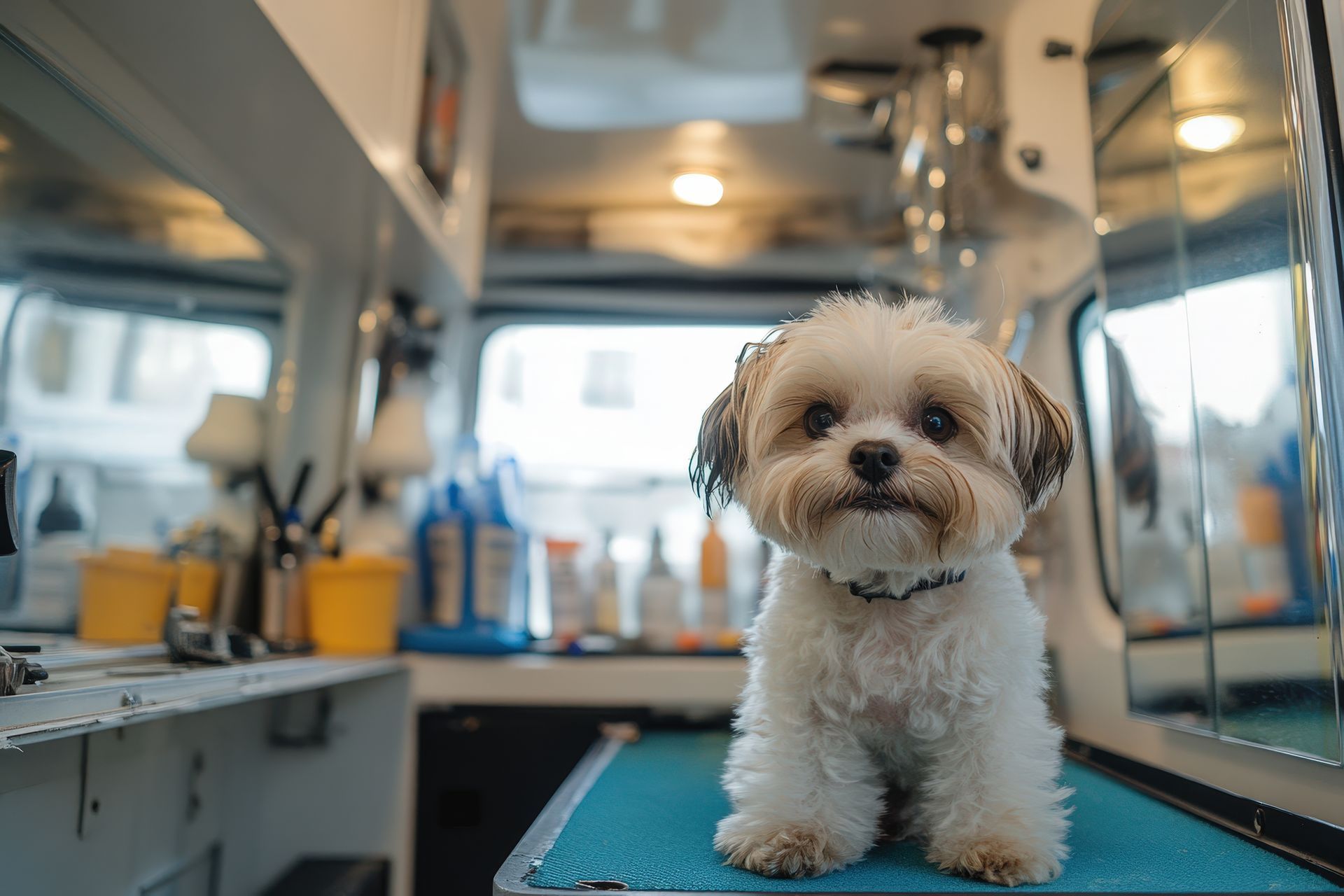 Fluffy white dog with brown highlights sits on a grooming table inside a mobile grooming van.