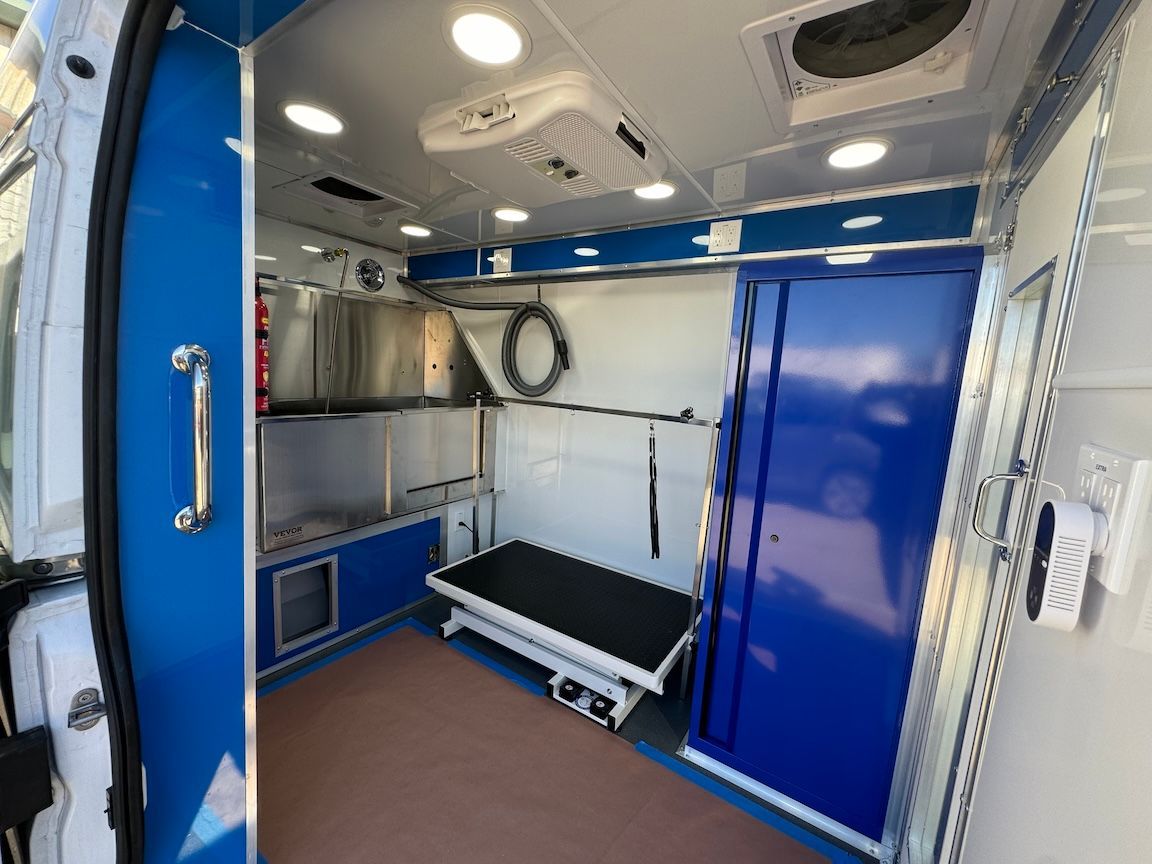 Interior of a blue and white dog grooming van with a grooming table, sink, and storage.
