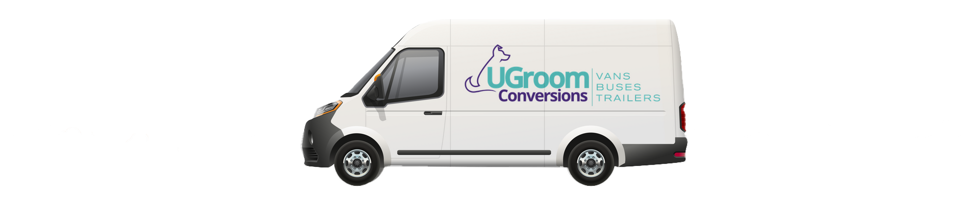 Three dogs are standing next to a white van.