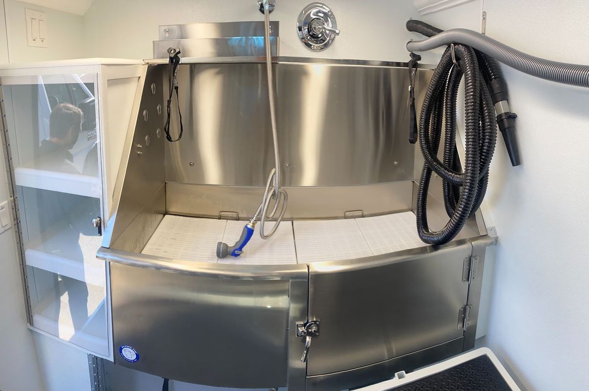 A stainless steel dog bathtub with a vacuum attached to it.