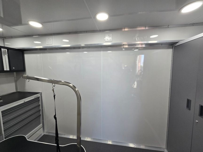 A room with a grooming table and a white wall.
