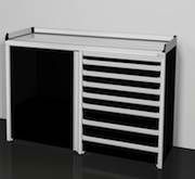 A black and white cabinet with drawers and a door.