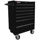 A black tool cart with wheels and drawers on a white background.