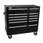 A black toolbox with white drawers and wheels on a white background.