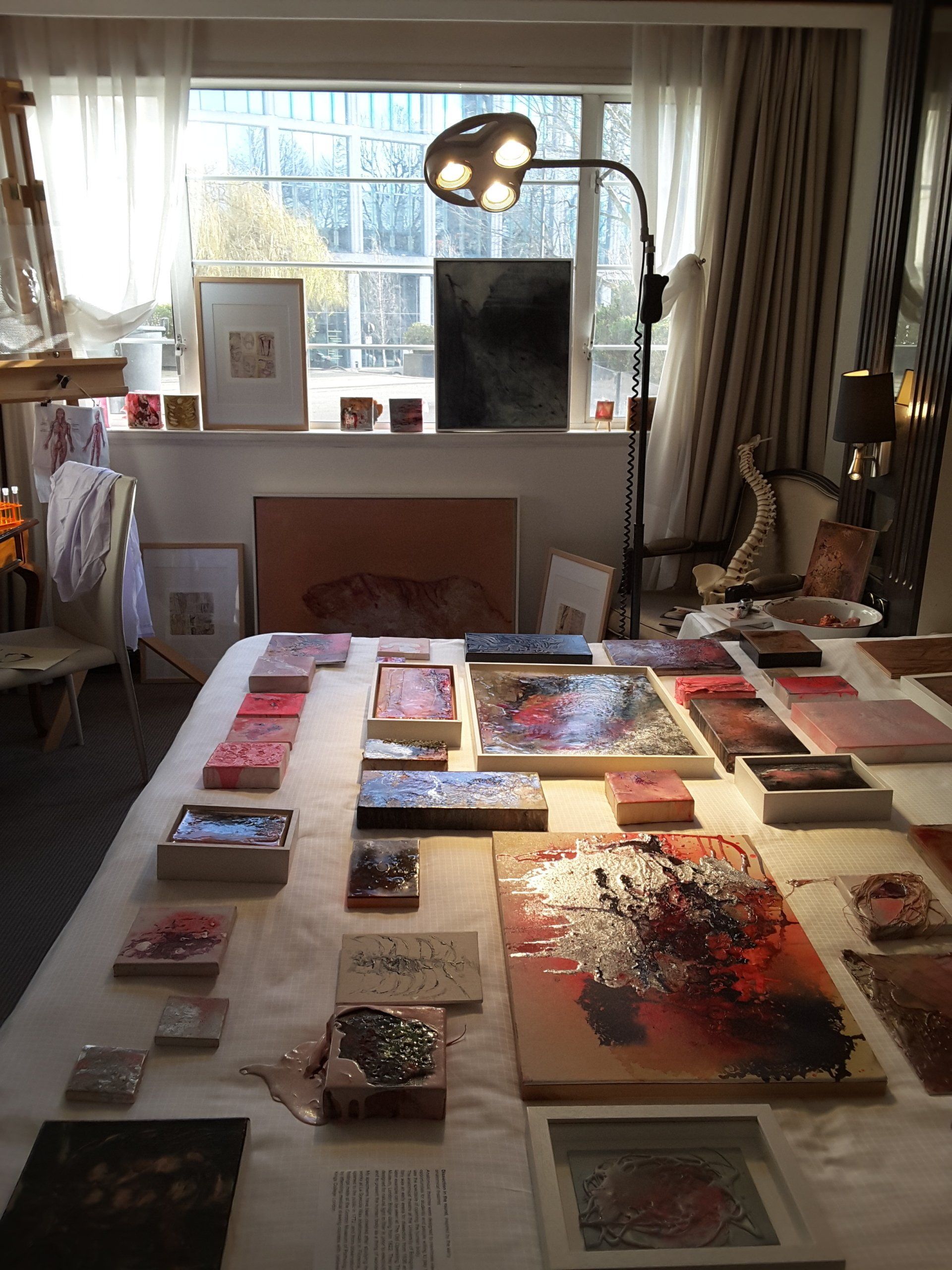Hotel bed transformed into canvas to display artworks created from studying pathology specimens.