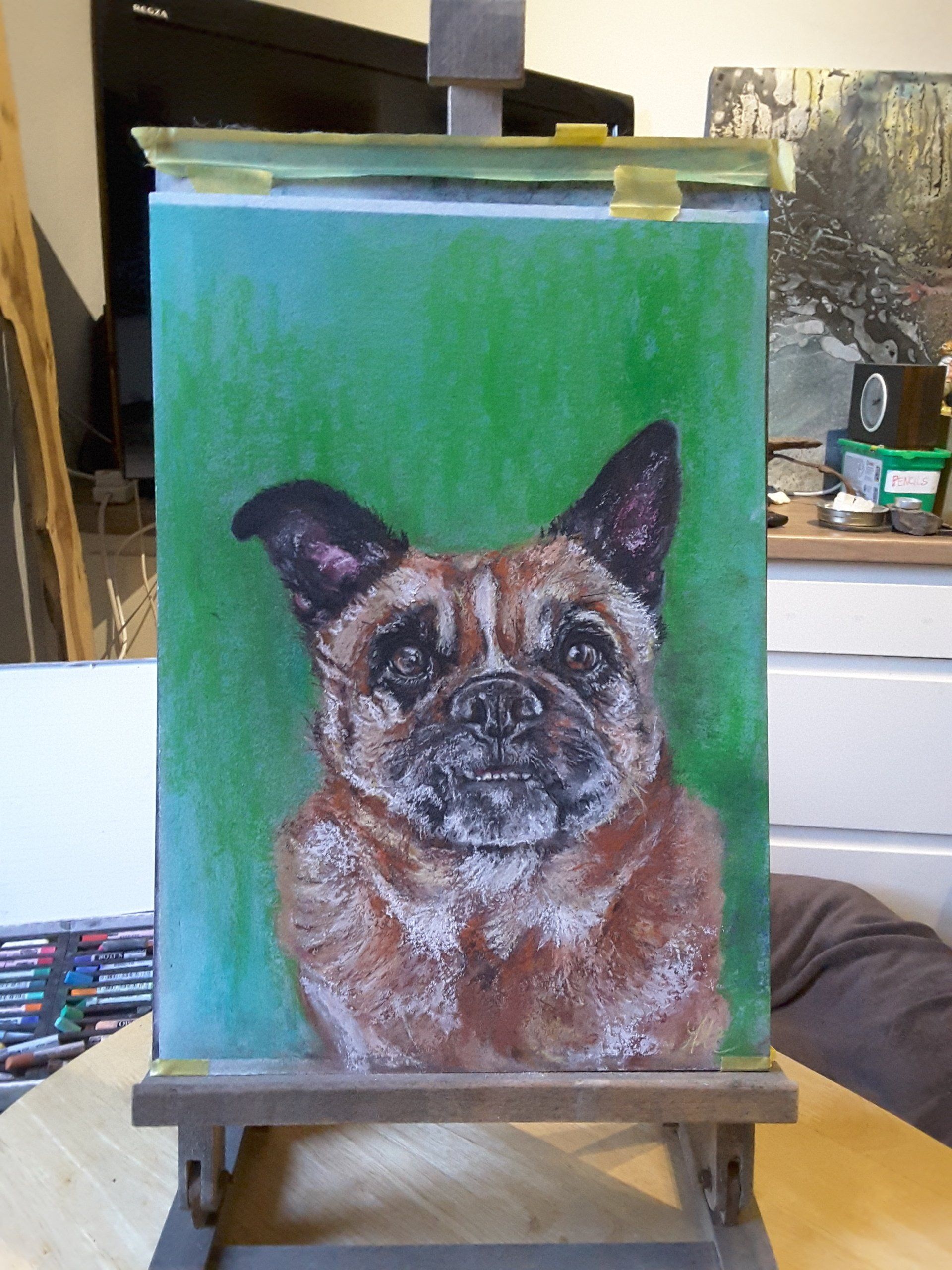 paper pastel drawing of Dexter dog