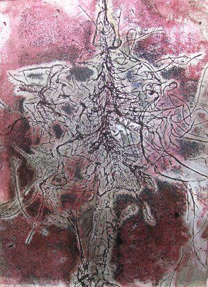 Fragment, threads and dye on perspex plate