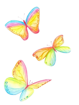 Tre farfalle colorate volano su uno sfondo bianco