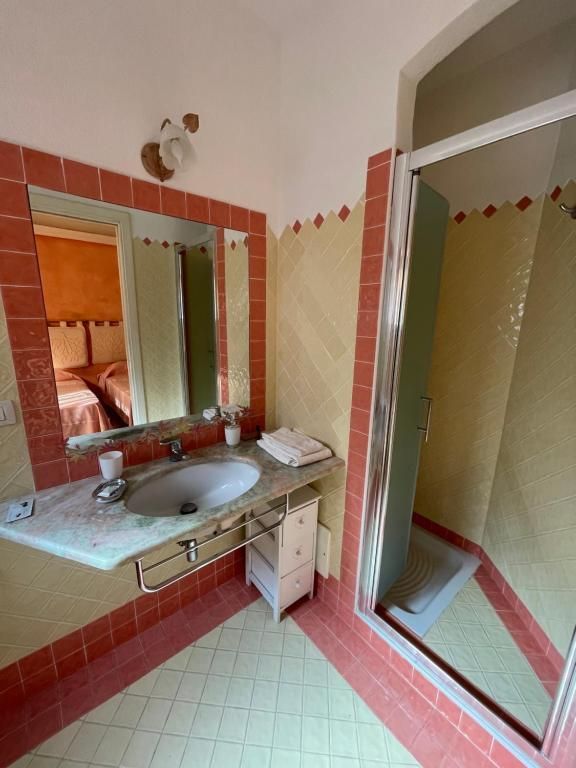 Un bagno con lavandino, specchio e cabina doccia