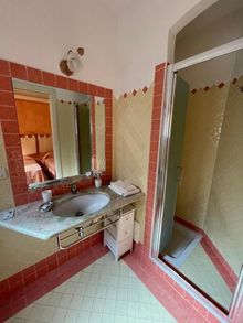 Un bagno con lavandino, specchio e cabina doccia