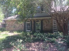 A brick house with a ladder in front of it surrounded by trees and bushes.