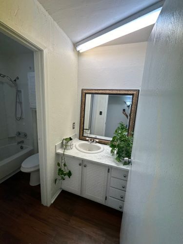 A bathroom with a sink, mirror and toilet.