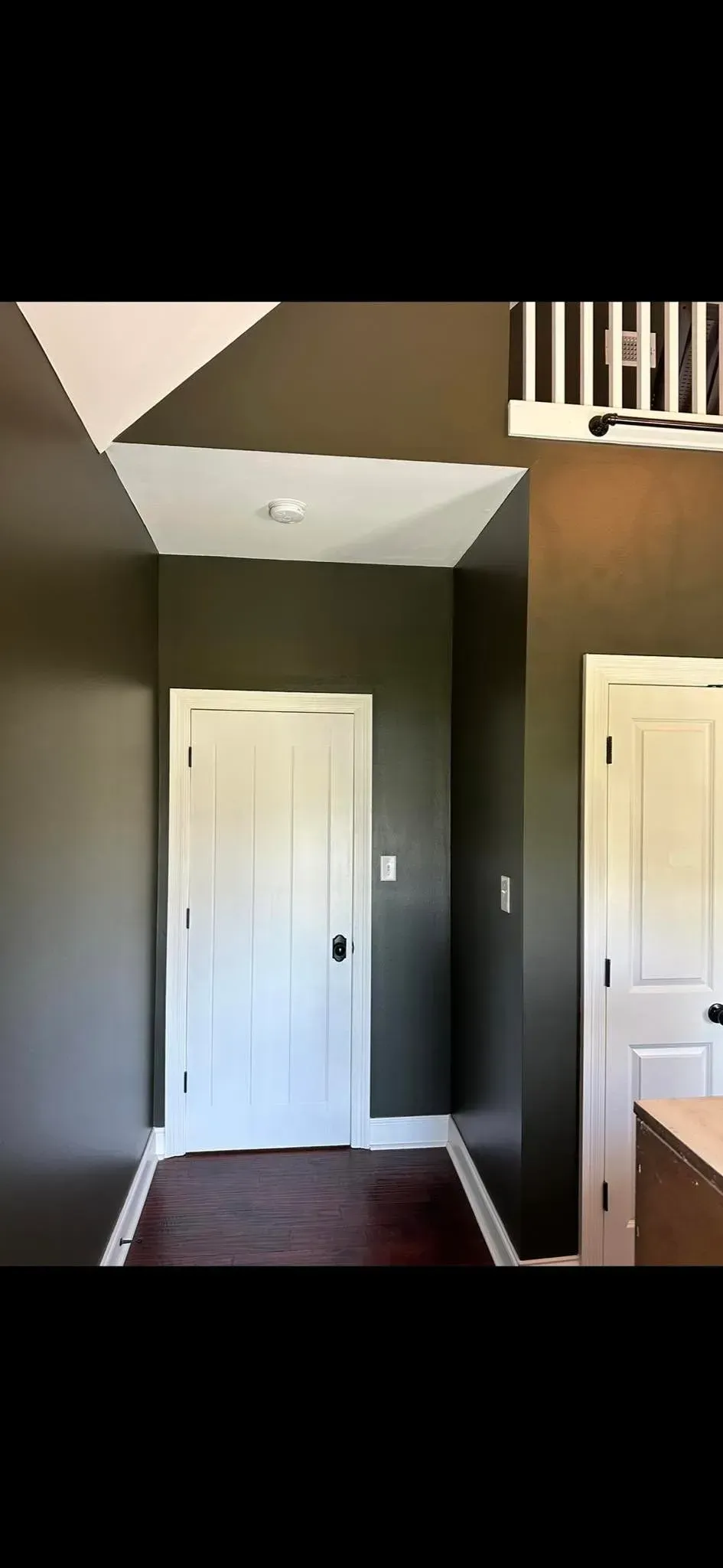A hallway with dark walls and white doors in a house.