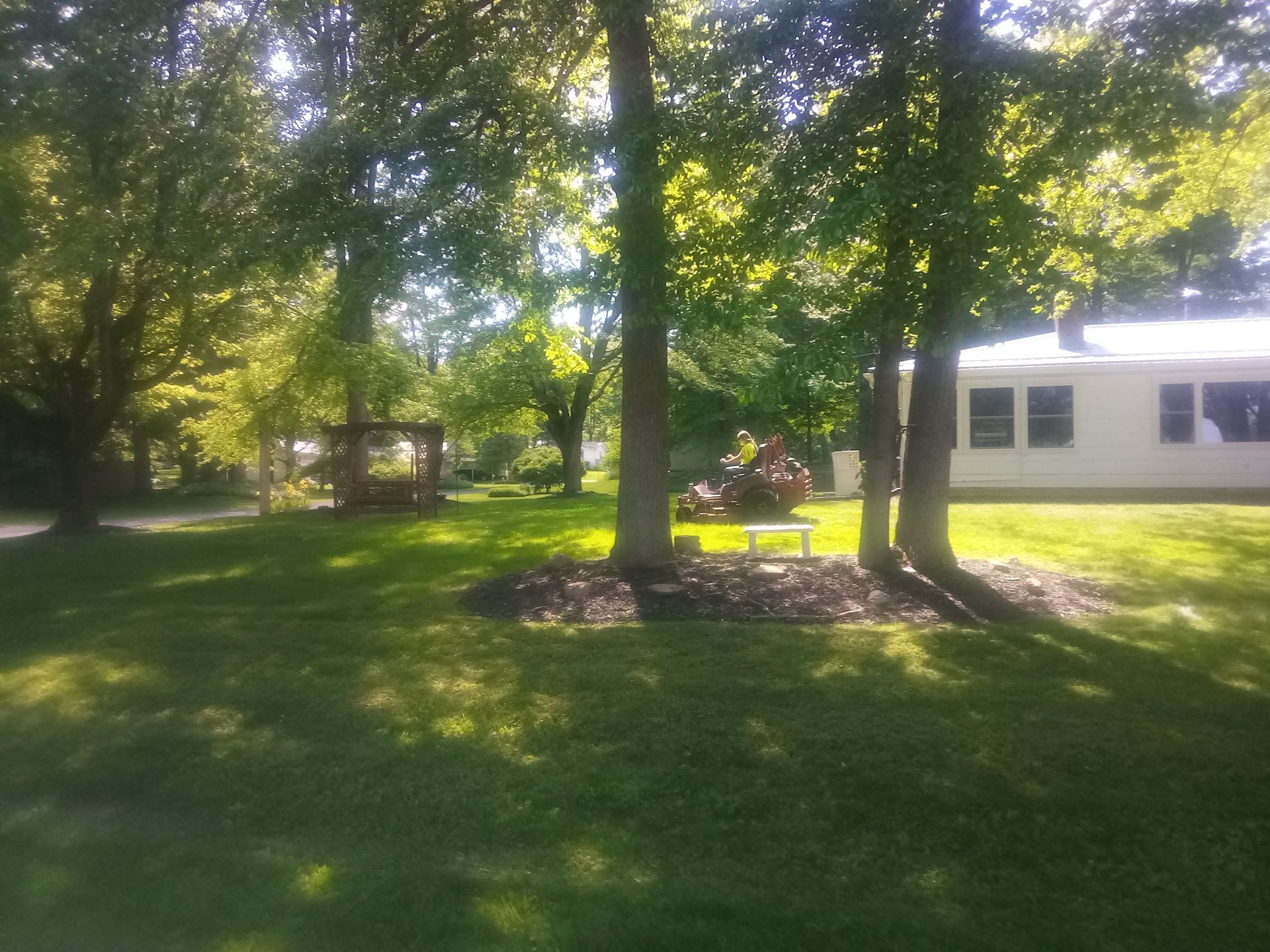 A lawn with trees and a house in the background