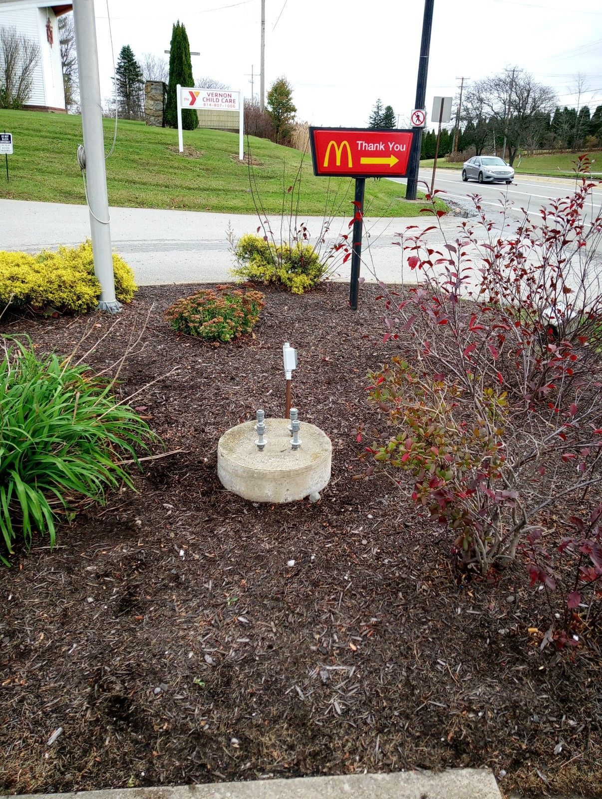 A mcdonald 's sign is sitting in the middle of a garden.
