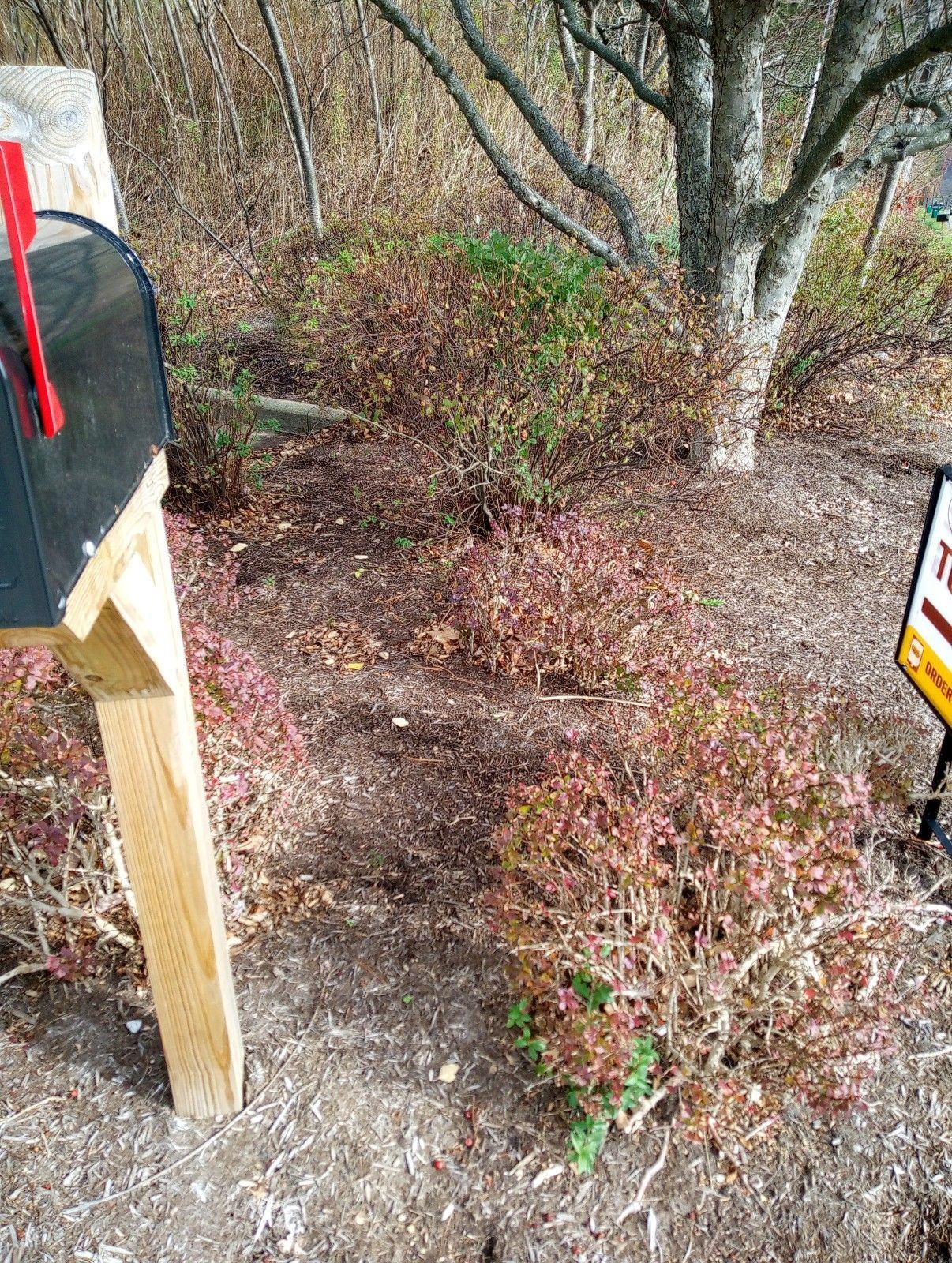 A mailbox is sitting on a wooden post next to a sign.