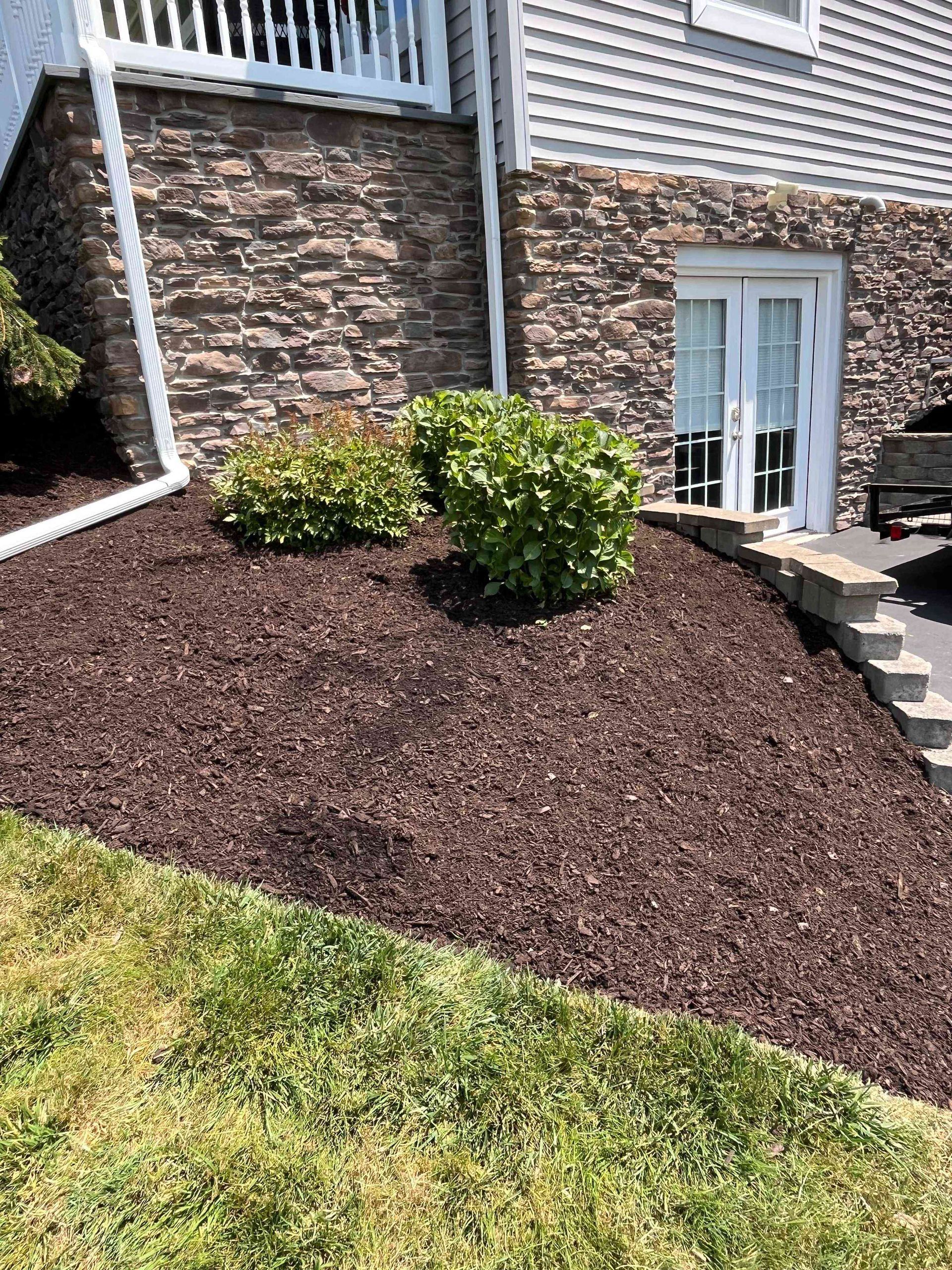 Brown mulch bed with green shrubs in front of a building with a stone facade. White doors and a railing are visible.