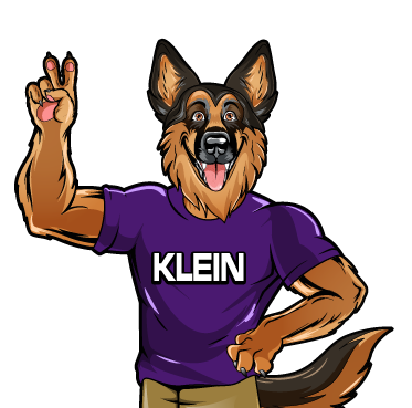 A german shepherd wearing a purple shirt that says klein