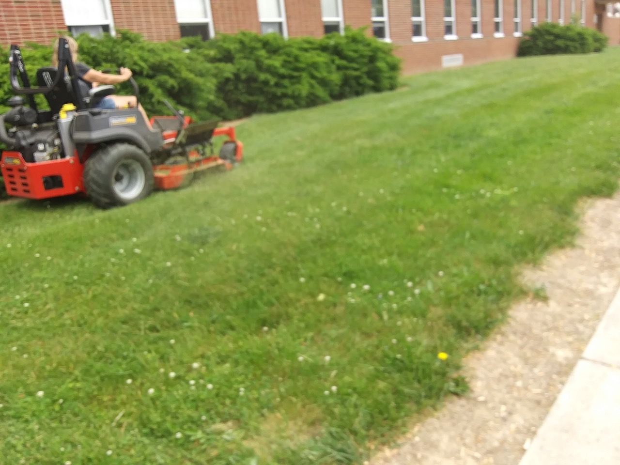 A person is riding a lawn mower on a lush green lawn