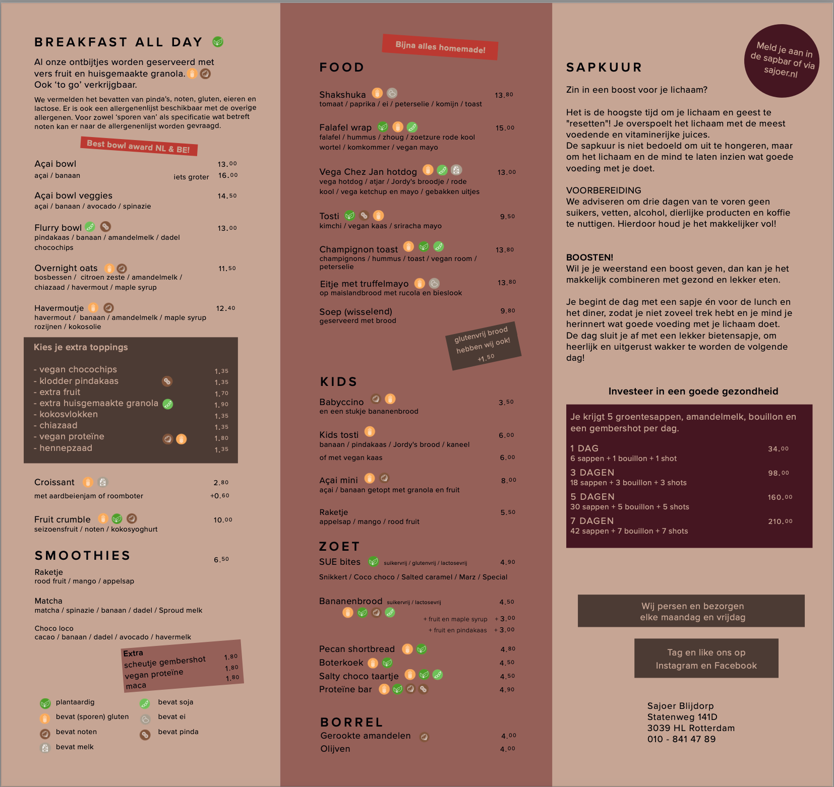 Restaurantmenu: gerechten met prijzen, categorieën zoals ontbijt, smoothies en meer.