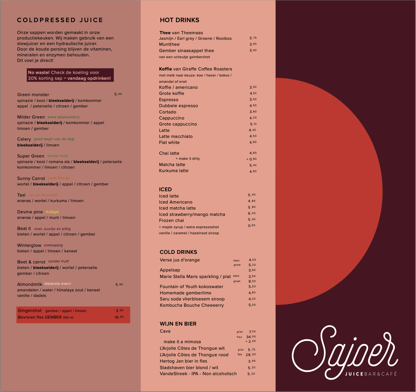 Menukaart met secties voor koudgeperste sappen, warme dranken, soepen, salades.