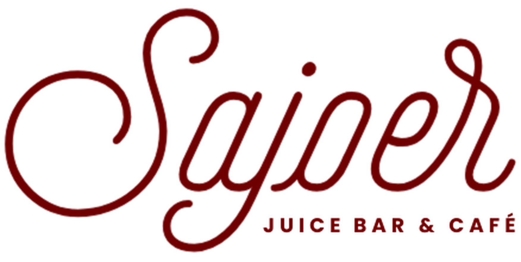 Logo voor Sajor Juice Bar & Café in een donkerrood schrijflettertype. De woorden