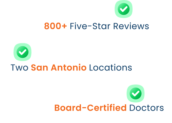 Three checkmark icons next to text: 800+ Five-Star Reviews, Two San Antonio Locations, and Board-Certified Doctors.