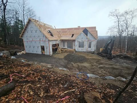 Une grande maison est en construction au milieu d'une forêt.