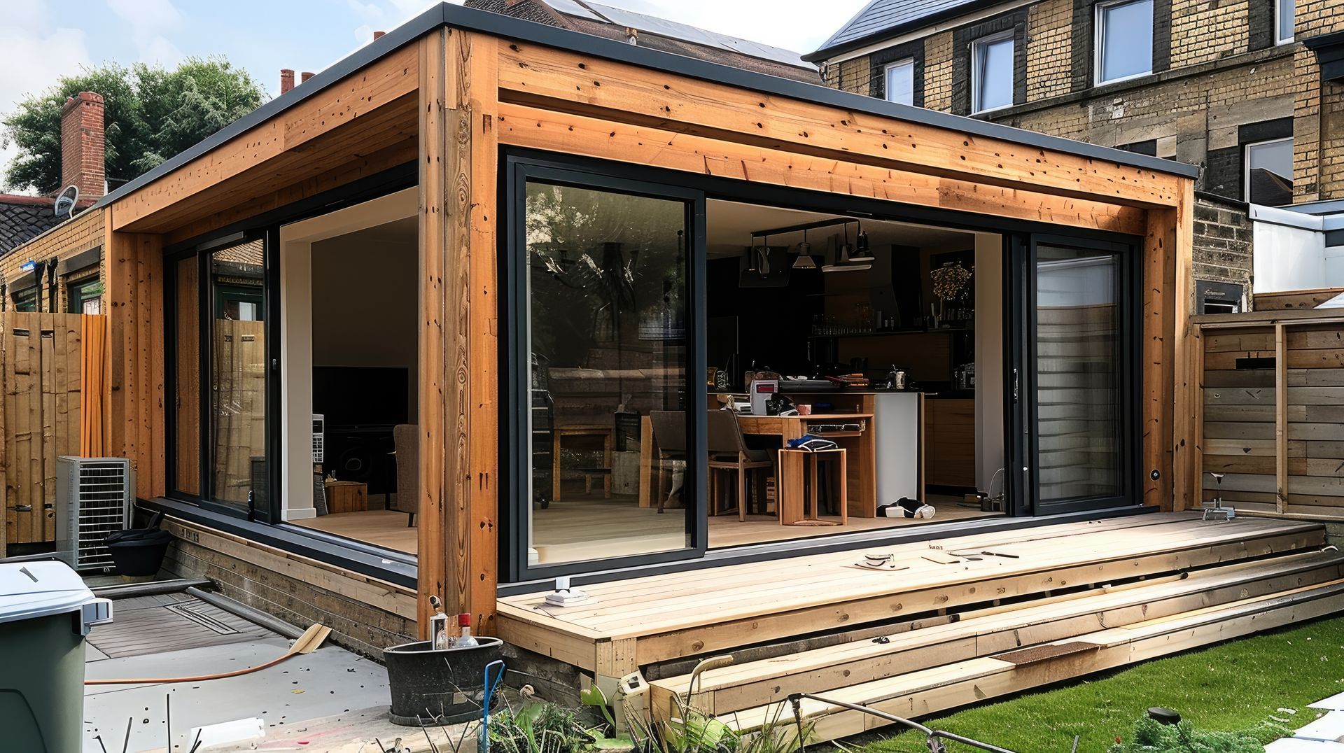 Une maison avec une grande porte coulissante en verre et une terrasse en bois.