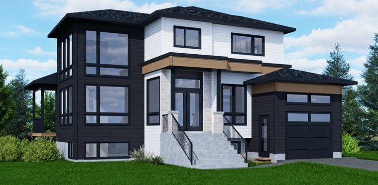 Une maison noire et blanche avec beaucoup de fenêtres est assise au sommet d'un champ vert luxuriant.