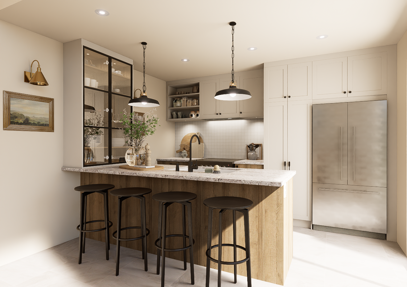 Une impression d'artiste d'une cuisine avec un grand îlot et des tabourets.