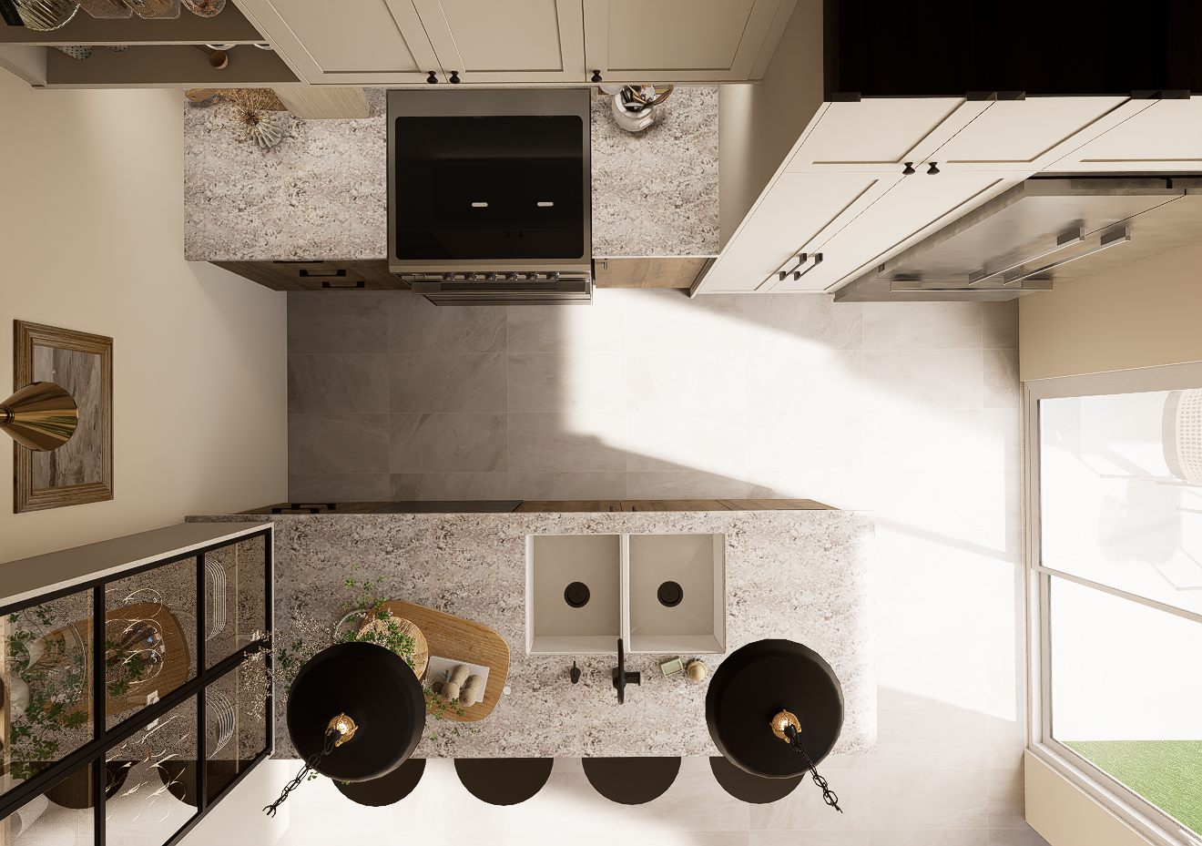 Une vue aérienne d'une cuisine avec une cuisinière et un évier.