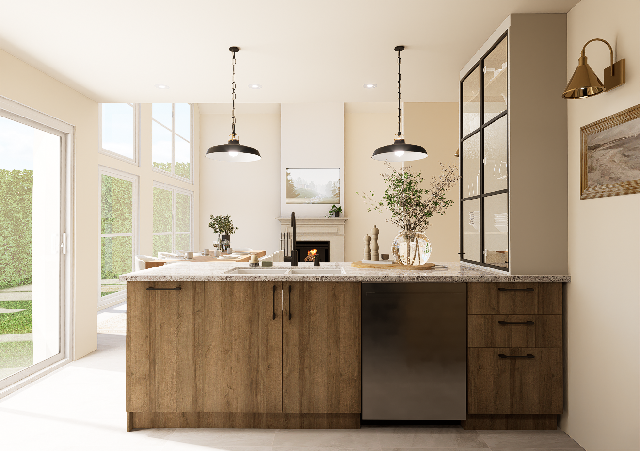 Une cuisine avec des armoires en bois et un lave-vaisselle en acier inoxydable.