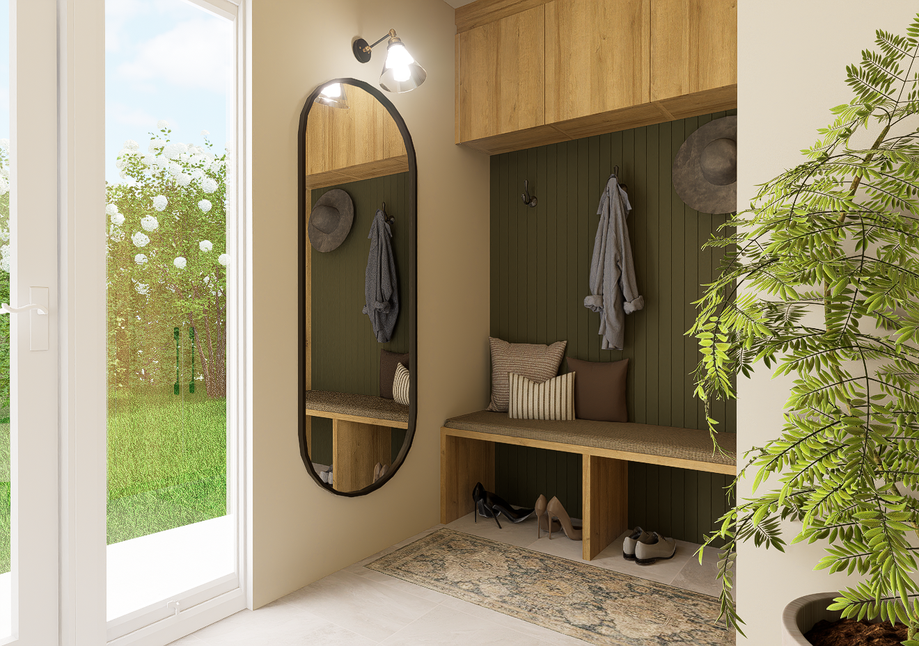 Un couloir avec un banc et un grand miroir.