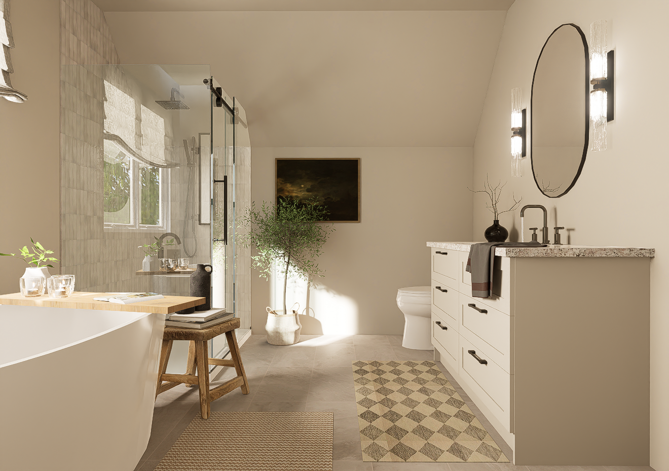 Une salle de bain avec baignoire, lavabo, WC et miroir.